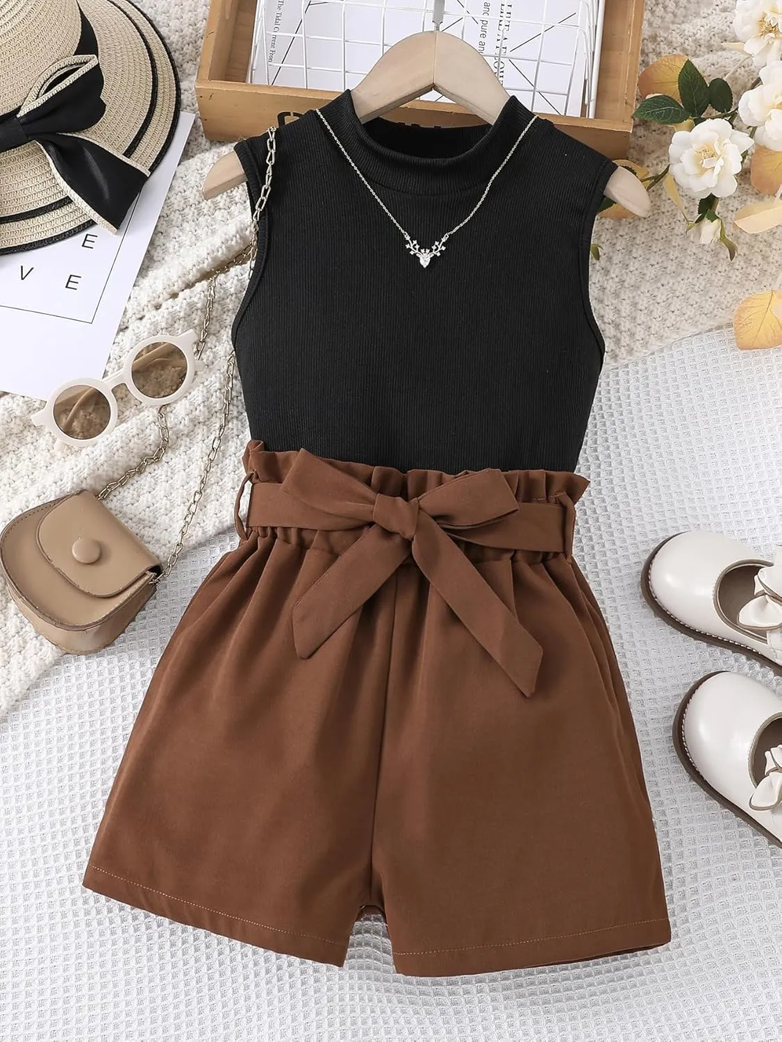 Toddler Girl Summer 2-Piece Solid Color Vest   Casual Shorts Set