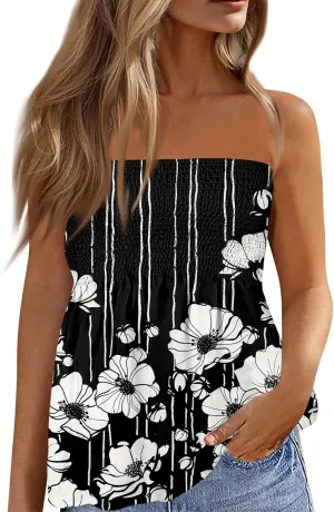Tube Tops for Women Floral Print Sleeveless Tanks Strapless Smocked Ruffled Tube Tops Casual Lightweight Bandeau