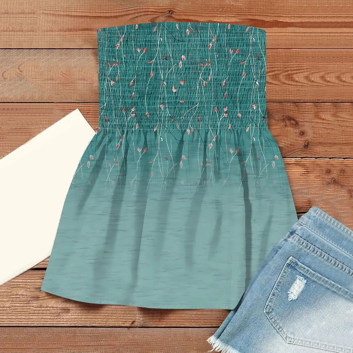 Tube Tops for Women Smocked Bandeau Tops Floral Tube Tops Backless Bandeau Tunic Tops Sleeveless Shirts