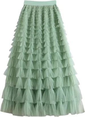 Tulle Maxi Skirts for Women 2025 Summer Elastic High Waisted Flowy Swing Tiered Mesh Long Skirt