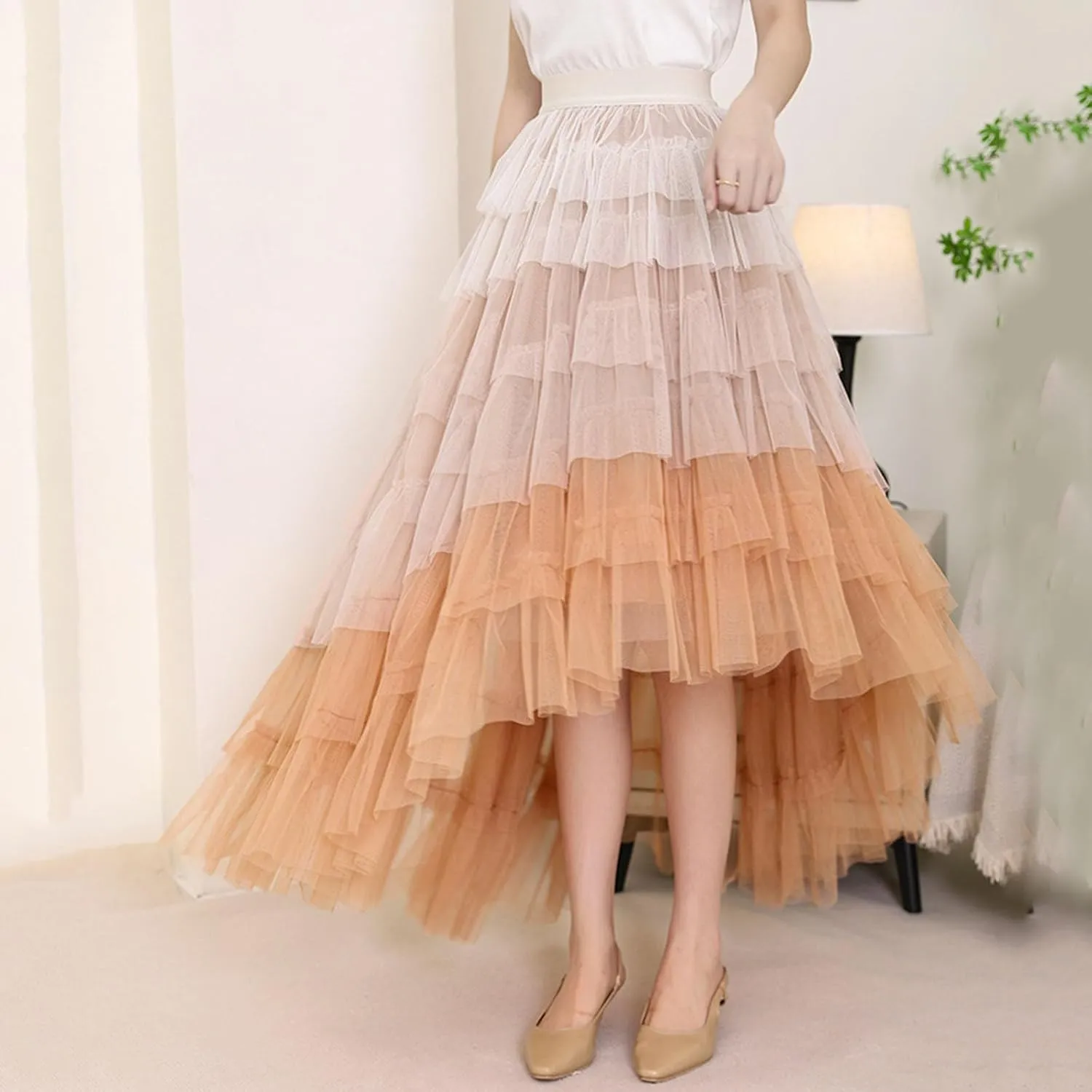 Tulle Maxi Skirts for Women Elastic High Waisted Flowy Swing A-Line Asymmetrical Tiered Pleated Long Skirt