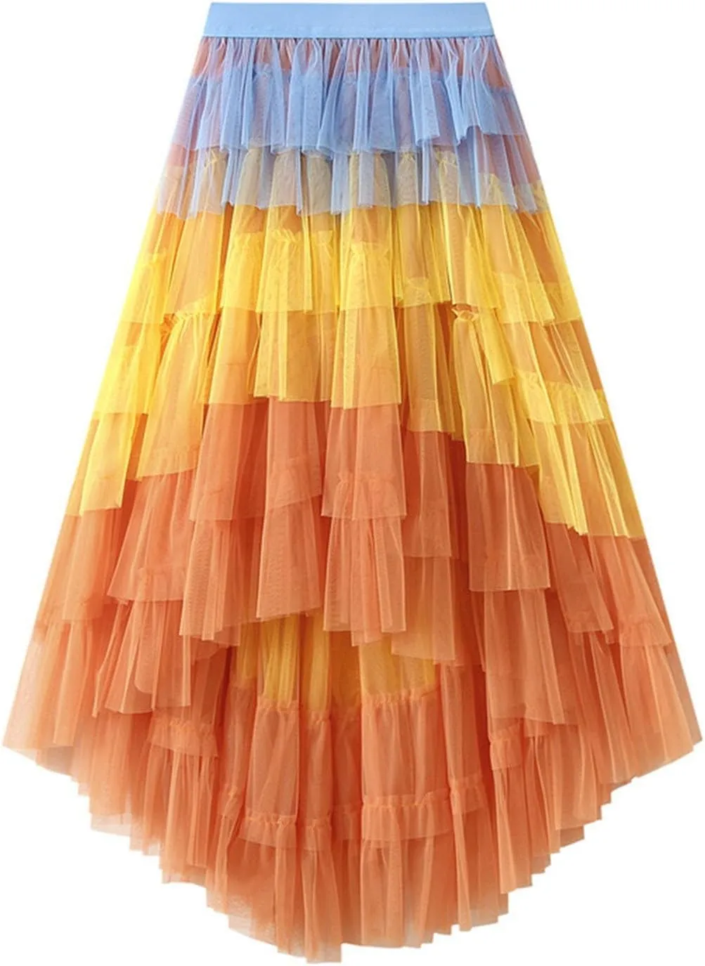 Tulle Maxi Skirts for Women Elastic High Waisted Flowy Swing A-Line Asymmetrical Tiered Pleated Long Skirt