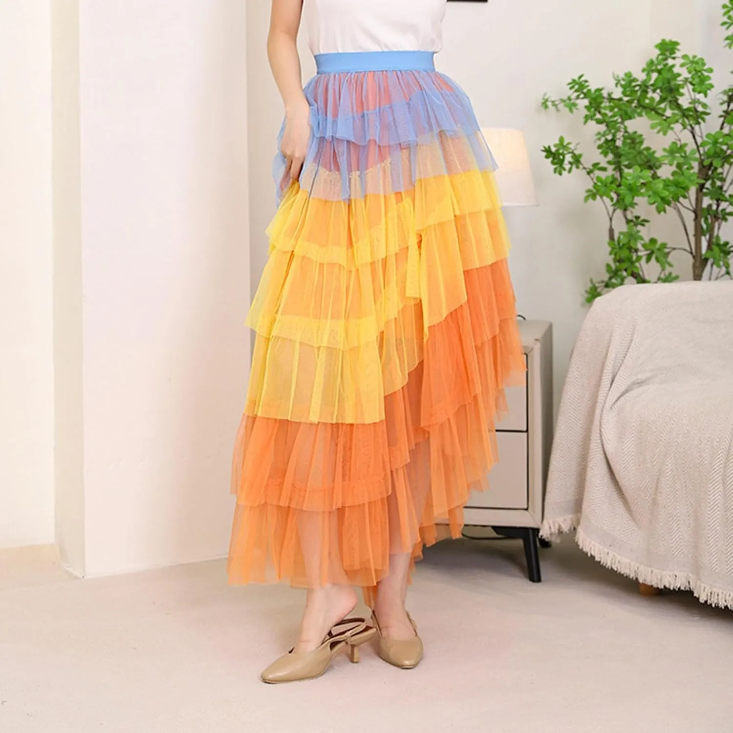 Tulle Maxi Skirts for Women Elastic High Waisted Flowy Swing A-Line Asymmetrical Tiered Pleated Long Skirt