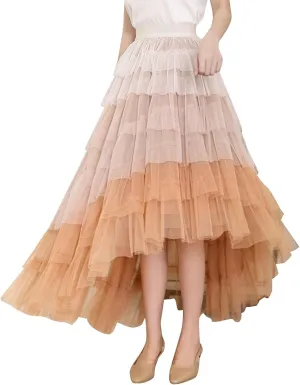 Tulle Maxi Skirts for Women Elastic High Waisted Flowy Swing A-Line Asymmetrical Tiered Pleated Long Skirt