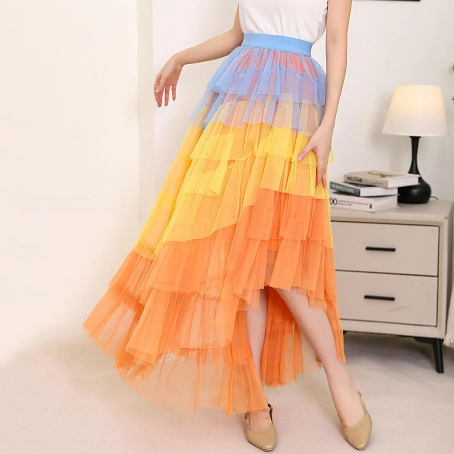 Tulle Maxi Skirts for Women Elastic High Waisted Flowy Swing A-Line Asymmetrical Tiered Pleated Long Skirt