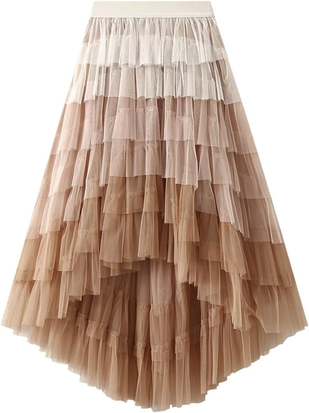Tulle Maxi Skirts for Women Elastic High Waisted Flowy Swing A-Line Asymmetrical Tiered Pleated Long Skirt