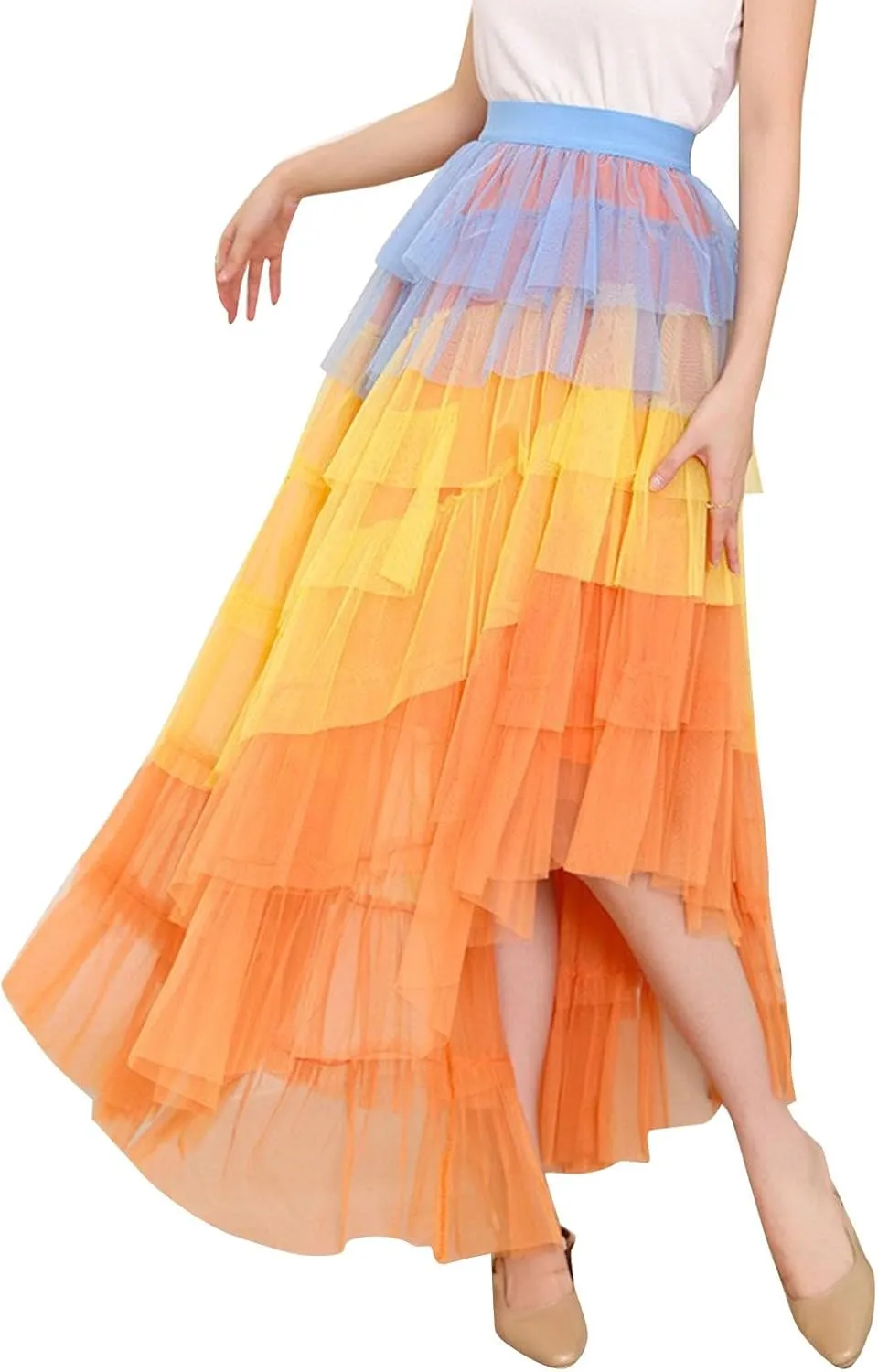 Tulle Maxi Skirts for Women Elastic High Waisted Flowy Swing A-Line Asymmetrical Tiered Pleated Long Skirt