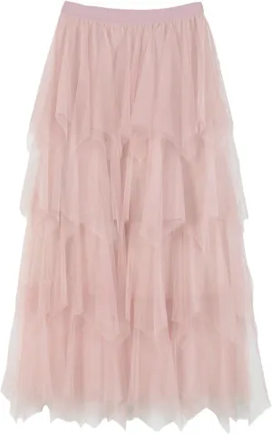 Tulle Maxi Skirts for Women Summer Elastic Waisted Pleated Tiered Flowy Asymmetrical Skirt for Vacation