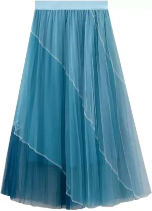 Tulle Skirts for Women 2025 Summer Elastic High Waisted Swing A-Line Patchwork Pleated Skirt