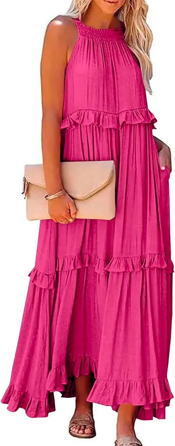 TWGONE Women Summer Casual Sleeveless Pleated Tank Vest Dresses Smocked Ruffle Flowy Party Wedding Guest Sundress