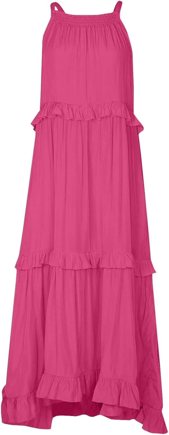 TWGONE Women Summer Casual Sleeveless Pleated Tank Vest Dresses Smocked Ruffle Flowy Party Wedding Guest Sundress