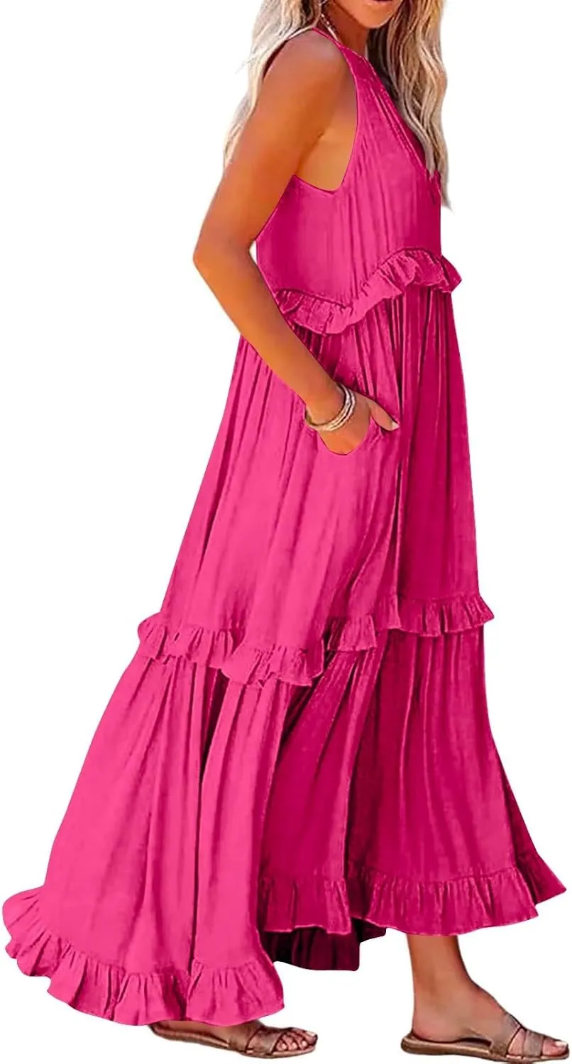 TWGONE Women Summer Casual Sleeveless Pleated Tank Vest Dresses Smocked Ruffle Flowy Party Wedding Guest Sundress