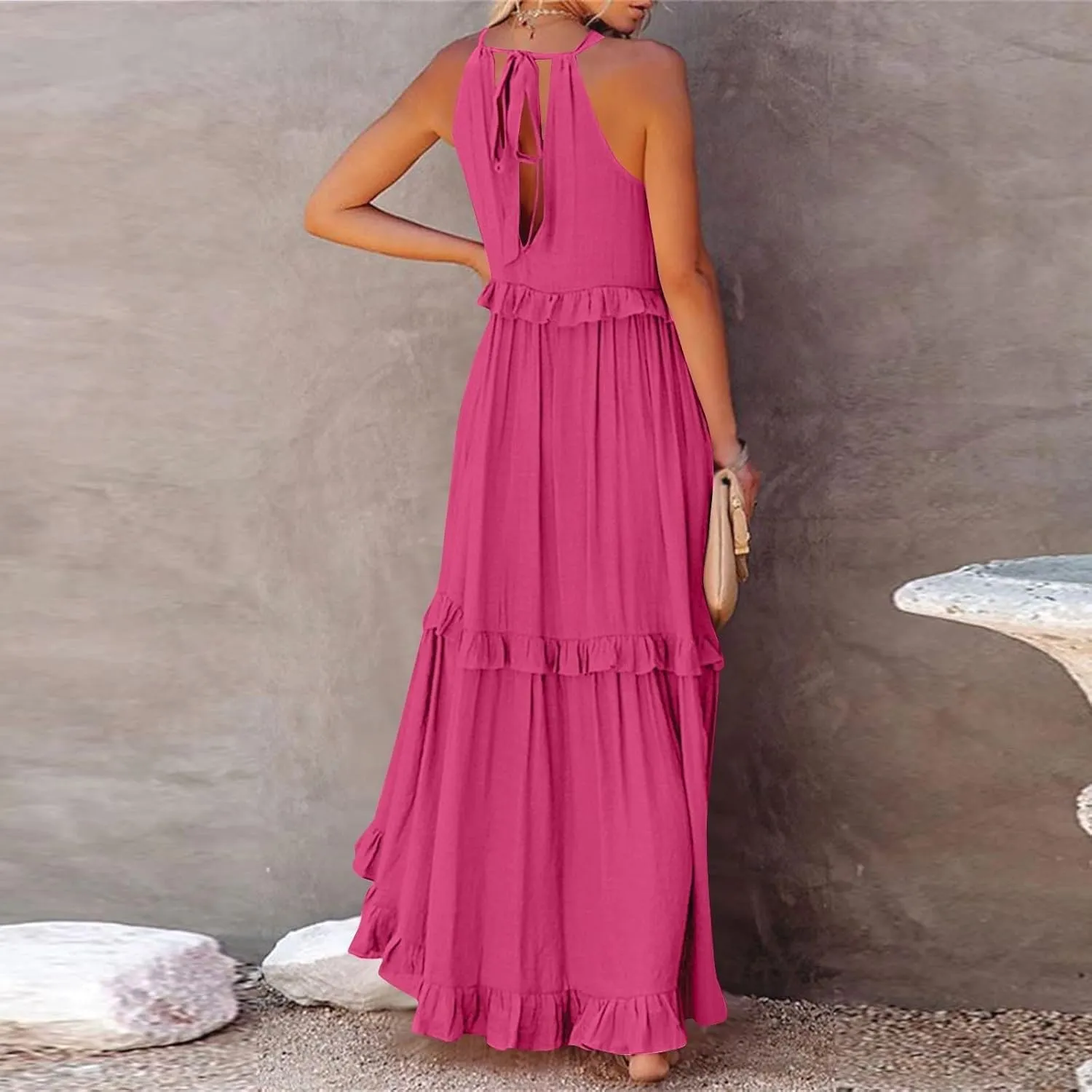TWGONE Women Summer Casual Sleeveless Pleated Tank Vest Dresses Smocked Ruffle Flowy Party Wedding Guest Sundress