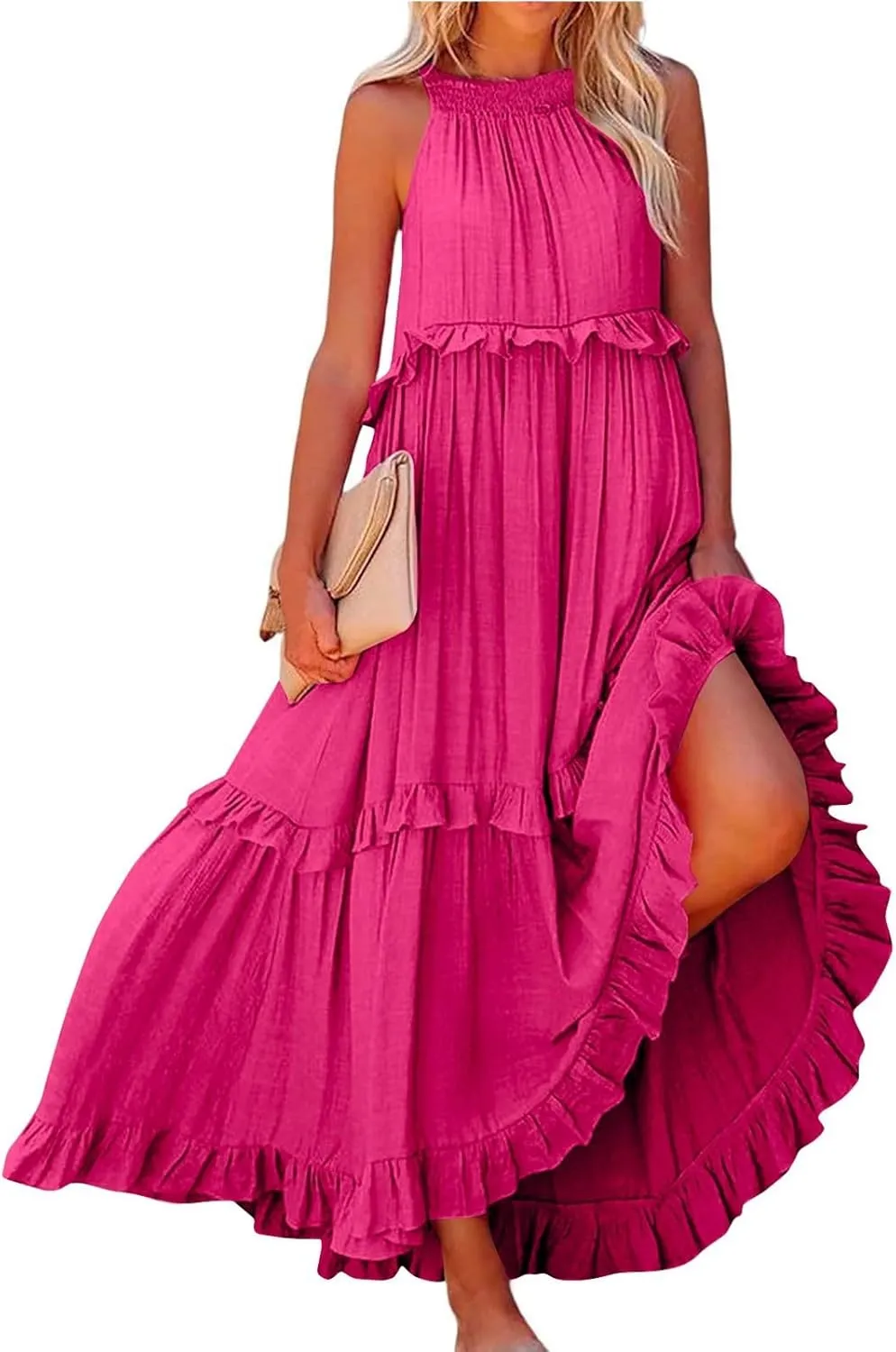 TWGONE Women Summer Casual Sleeveless Pleated Tank Vest Dresses Smocked Ruffle Flowy Party Wedding Guest Sundress