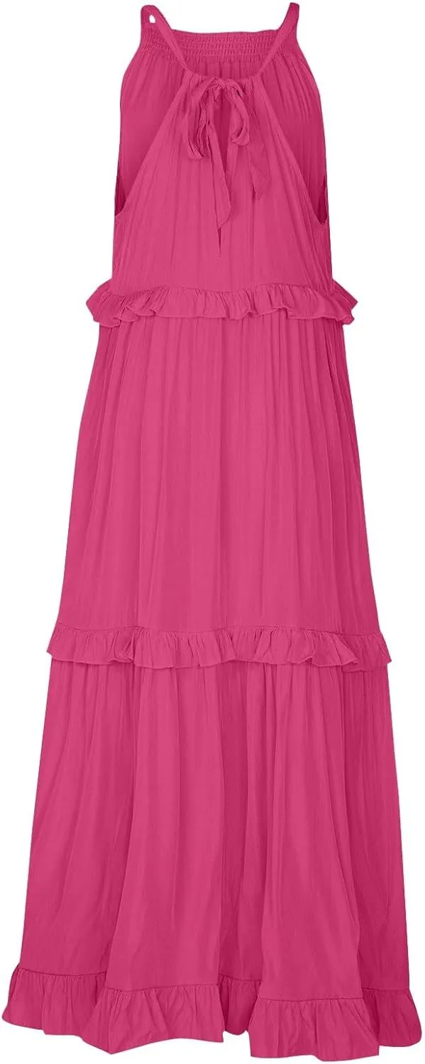 TWGONE Women Summer Casual Sleeveless Pleated Tank Vest Dresses Smocked Ruffle Flowy Party Wedding Guest Sundress