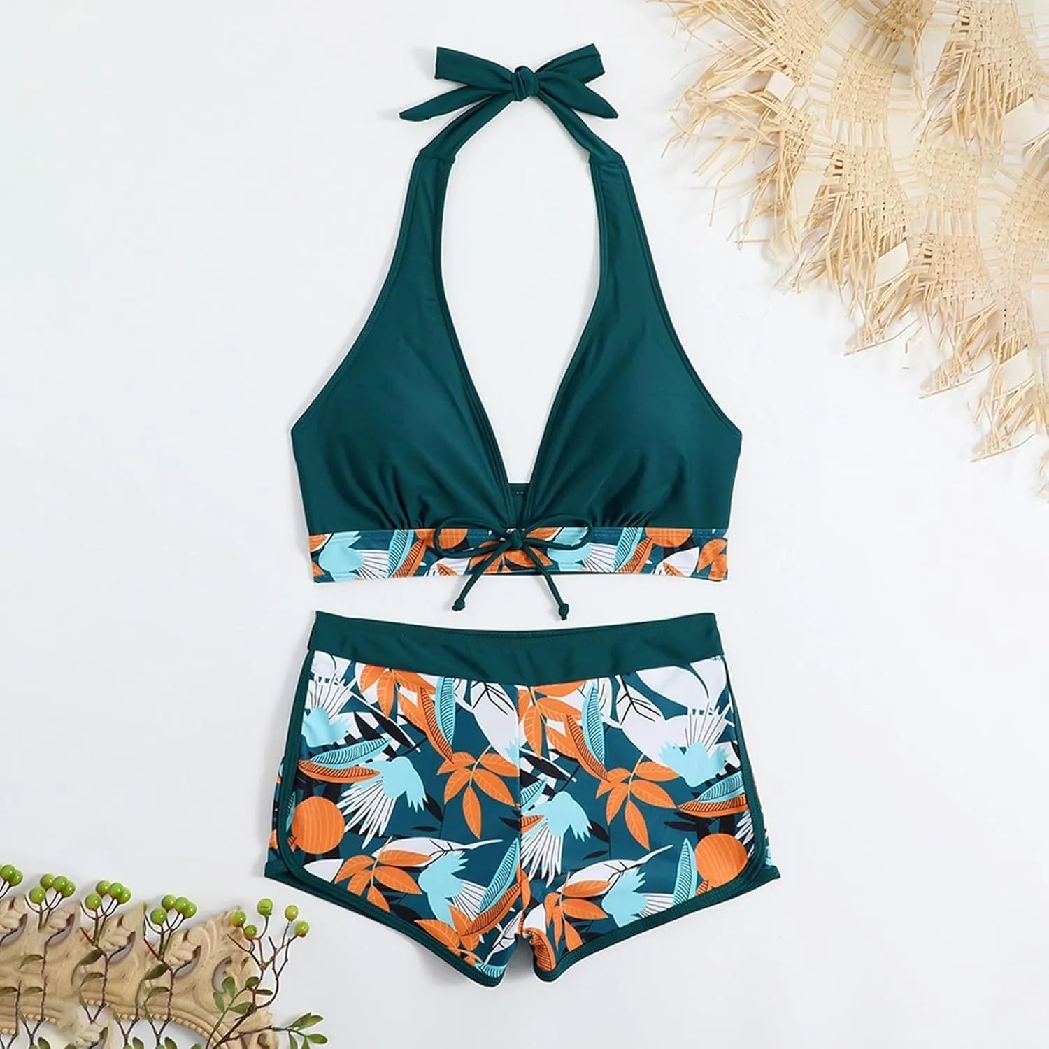 Two Piece Swimsuit for Women,2024 Summer Sexy Halter Tie Bikini Sets,Trendy Print Tropical High Waisted Swim Shorts