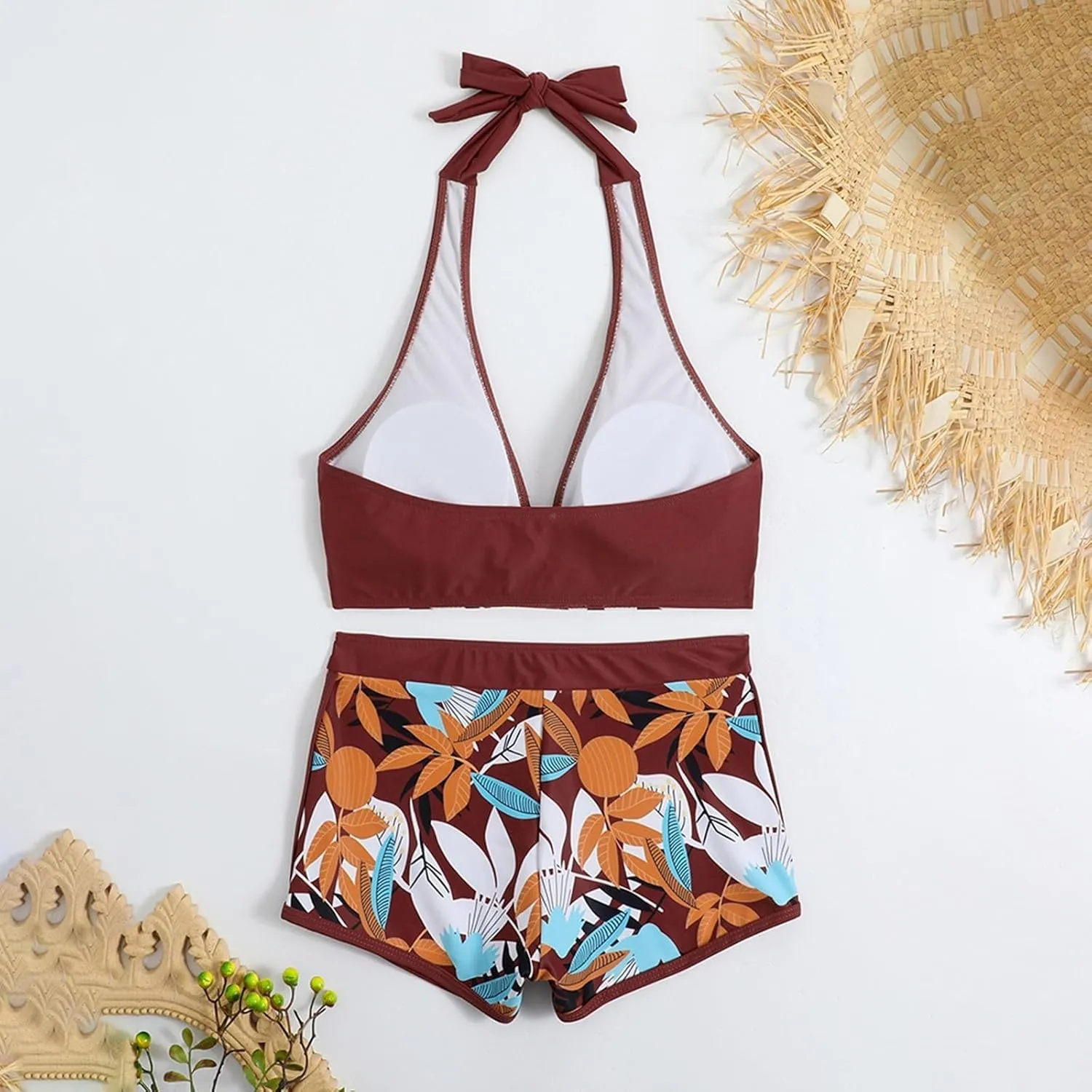 Two Piece Swimsuit for Women,2024 Summer Sexy Halter Tie Bikini Sets,Trendy Print Tropical High Waisted Swim Shorts