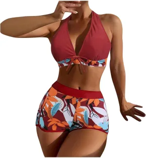 Two Piece Swimsuit for Women,2024 Summer Sexy Halter Tie Bikini Sets,Trendy Print Tropical High Waisted Swim Shorts
