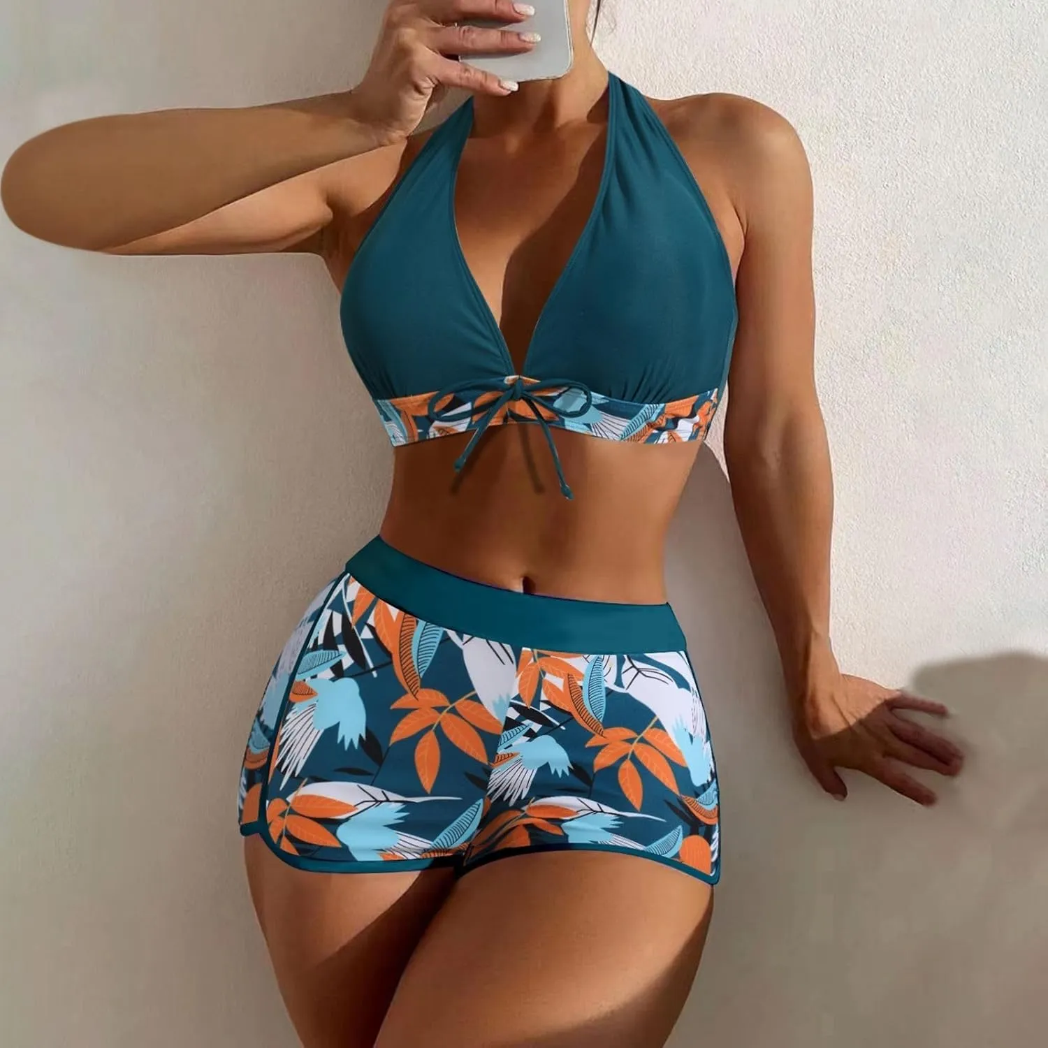 Two Piece Swimsuit for Women,2024 Summer Sexy Halter Tie Bikini Sets,Trendy Print Tropical High Waisted Swim Shorts
