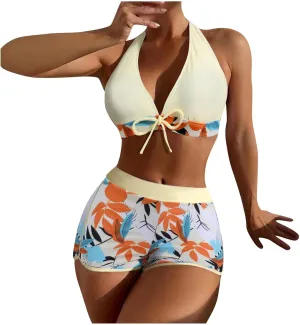 Two Piece Swimsuit for Women,2024 Summer Sexy Halter Tie Bikini Sets,Trendy Print Tropical High Waisted Swim Shorts