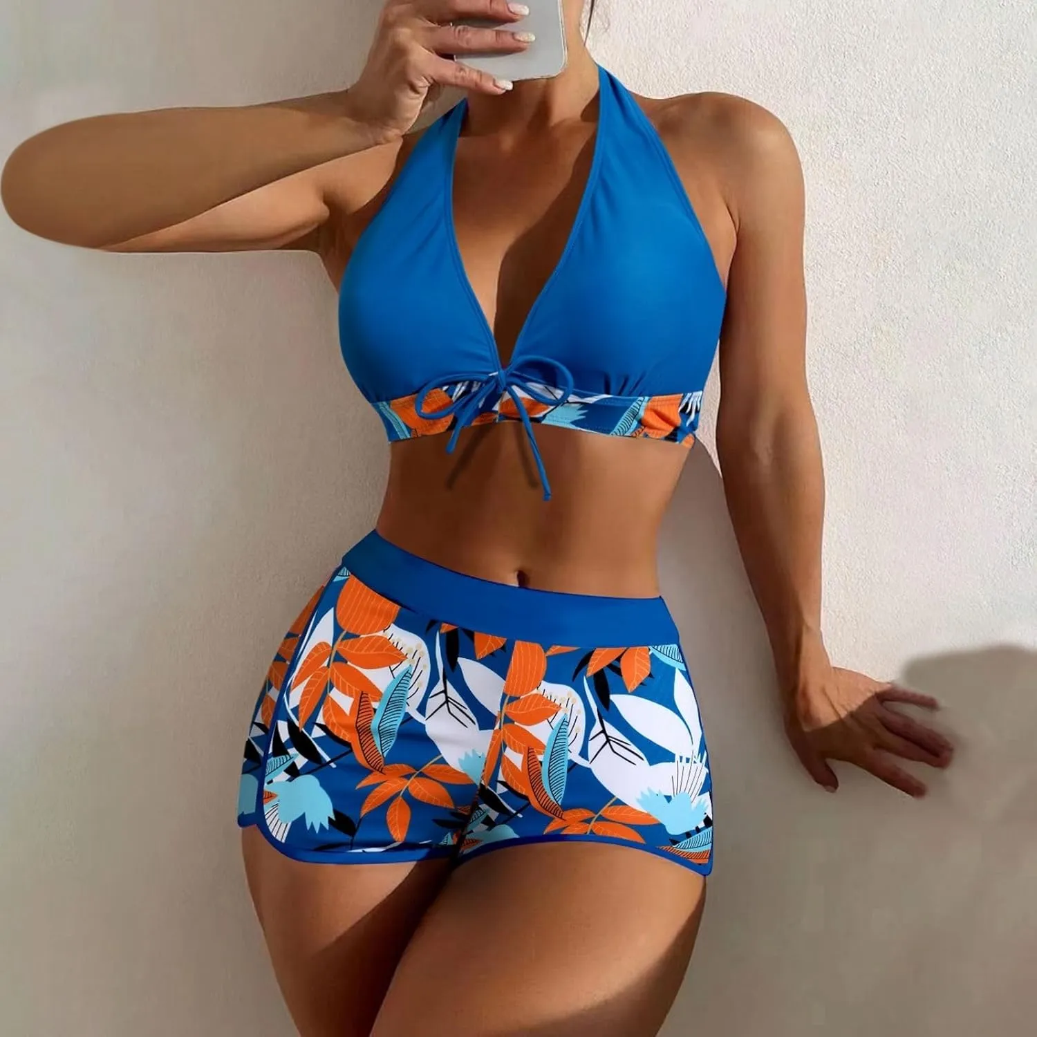 Two Piece Swimsuit for Women,2024 Summer Sexy Halter Tie Bikini Sets,Trendy Print Tropical High Waisted Swim Shorts