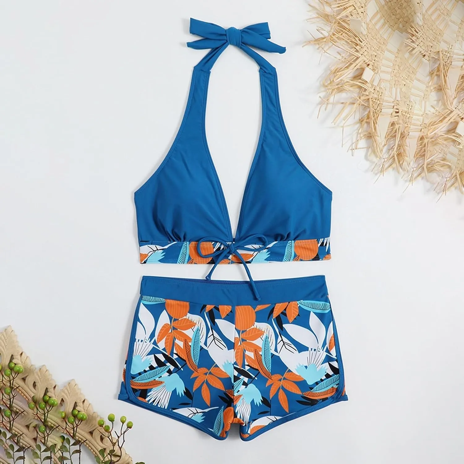 Two Piece Swimsuit for Women,2024 Summer Sexy Halter Tie Bikini Sets,Trendy Print Tropical High Waisted Swim Shorts