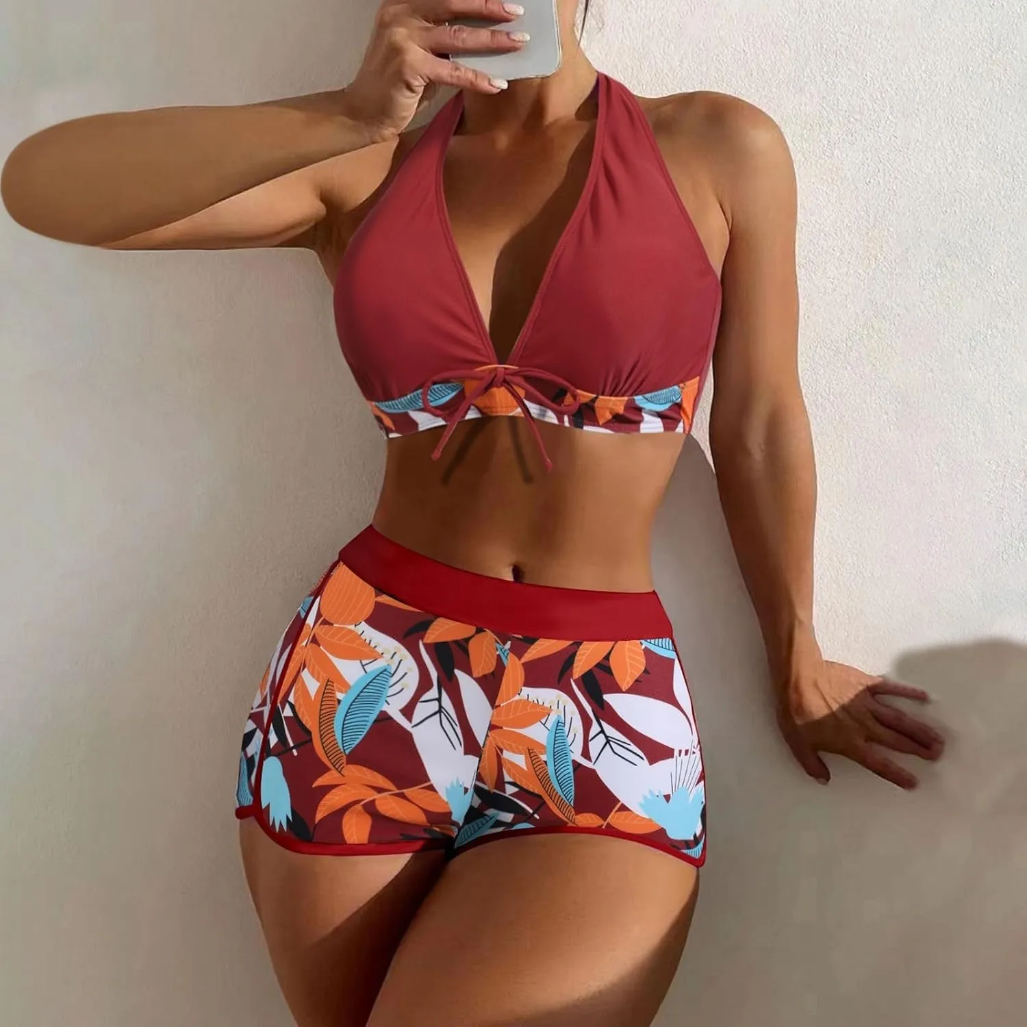 Two Piece Swimsuit for Women,2024 Summer Sexy Halter Tie Bikini Sets,Trendy Print Tropical High Waisted Swim Shorts