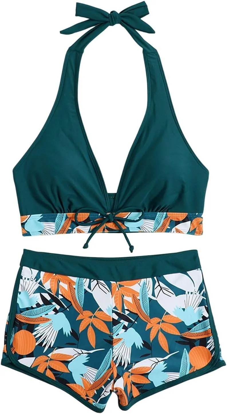 Two Piece Swimsuit for Women,2024 Summer Sexy Halter Tie Bikini Sets,Trendy Print Tropical High Waisted Swim Shorts