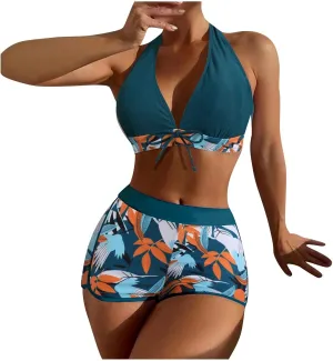 Two Piece Swimsuit for Women,2024 Summer Sexy Halter Tie Bikini Sets,Trendy Print Tropical High Waisted Swim Shorts