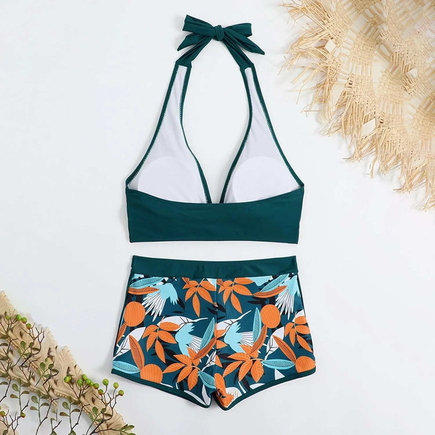 Two Piece Swimsuit for Women,2024 Summer Sexy Halter Tie Bikini Sets,Trendy Print Tropical High Waisted Swim Shorts