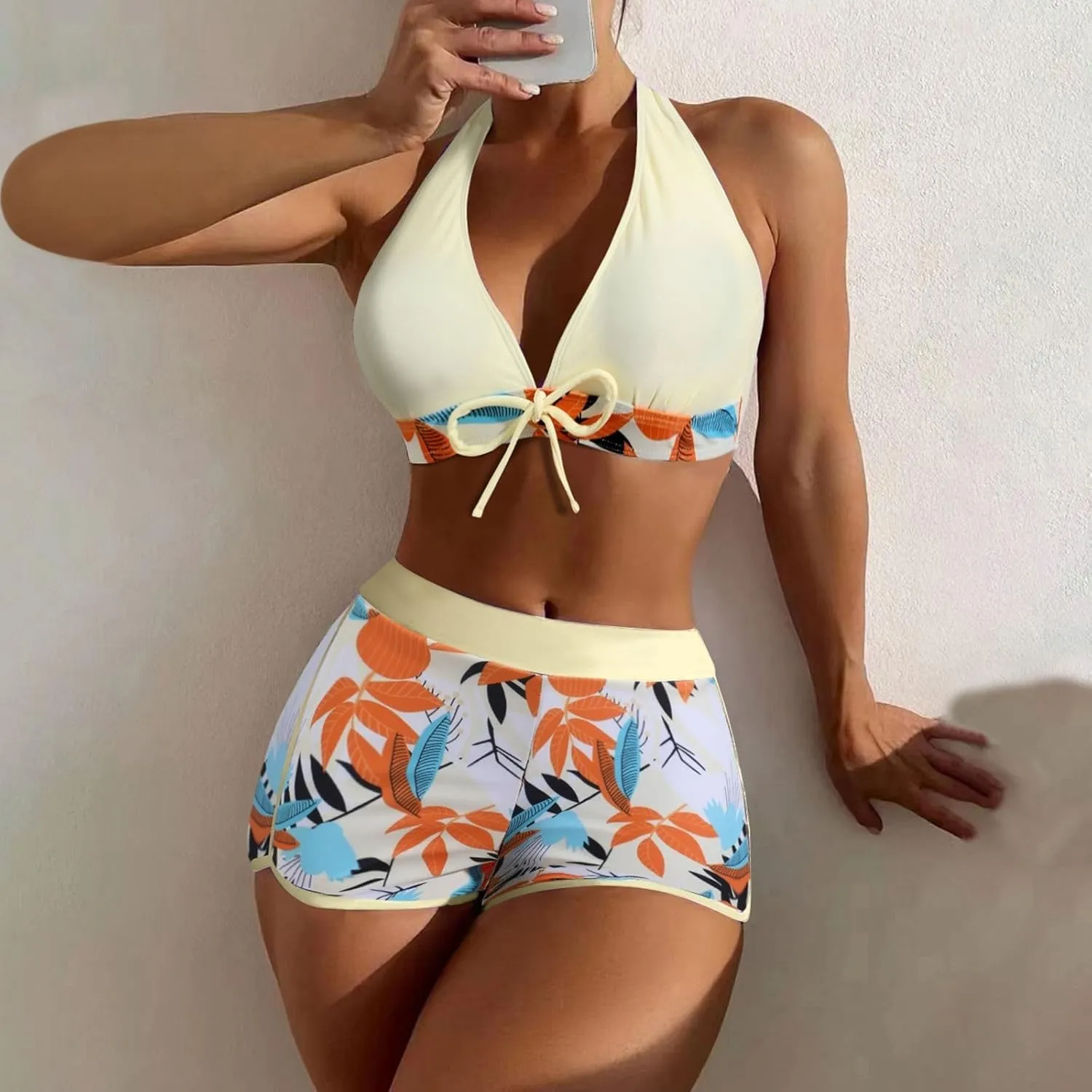 Two Piece Swimsuit for Women,2024 Summer Sexy Halter Tie Bikini Sets,Trendy Print Tropical High Waisted Swim Shorts