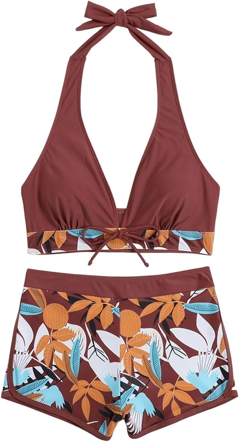 Two Piece Swimsuit for Women,2024 Summer Sexy Halter Tie Bikini Sets,Trendy Print Tropical High Waisted Swim Shorts