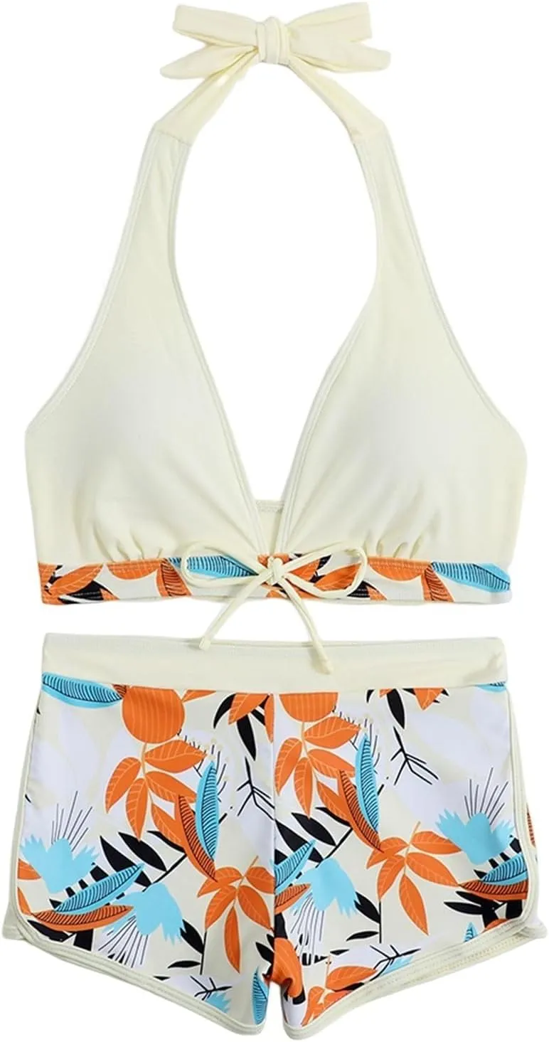 Two Piece Swimsuit for Women,2024 Summer Sexy Halter Tie Bikini Sets,Trendy Print Tropical High Waisted Swim Shorts
