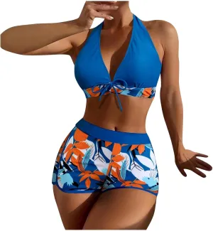 Two Piece Swimsuit for Women,2024 Summer Sexy Halter Tie Bikini Sets,Trendy Print Tropical High Waisted Swim Shorts