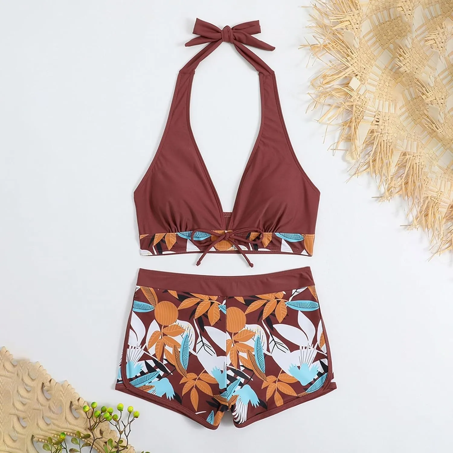 Two Piece Swimsuit for Women,2024 Summer Sexy Halter Tie Bikini Sets,Trendy Print Tropical High Waisted Swim Shorts