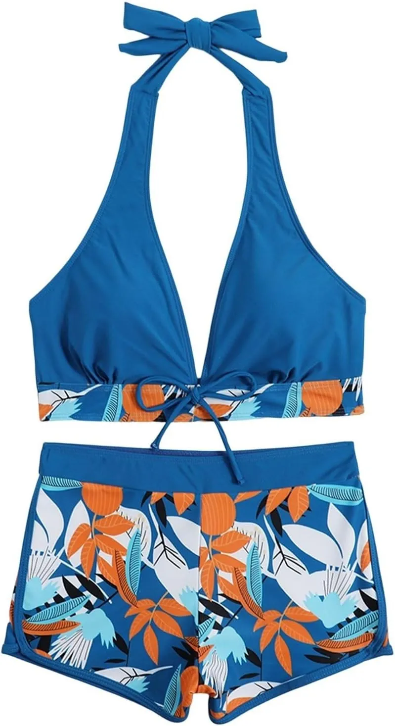 Two Piece Swimsuit for Women,2024 Summer Sexy Halter Tie Bikini Sets,Trendy Print Tropical High Waisted Swim Shorts