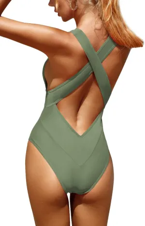 Upopby Women's Sexy High Cut One Piece Swimsuit for Women Cheeky Bathing Suits Deep V Neck Crisscross Backless Swimwear
