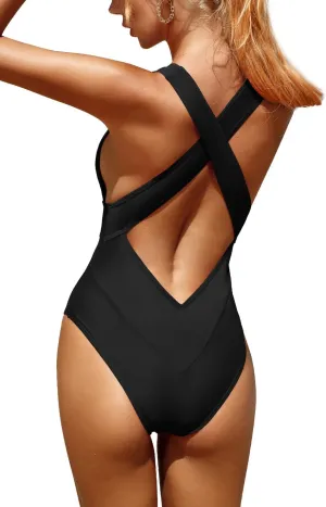 Upopby Women's Sexy High Cut One Piece Swimsuit for Women Cheeky Bathing Suits Deep V Neck Crisscross Backless Swimwear