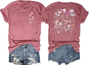 Vintage Flowers Shirt Women: Boho Floral T-Shirt Flower Graphic Shirt Wildflowers Tees Short Sleeve Casual Tops
