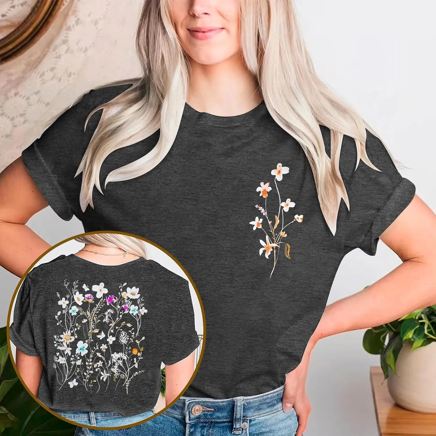 Vintage Flowers Shirt Women: Boho Floral T-Shirt Flower Graphic Shirt Wildflowers Tees Short Sleeve Casual Tops