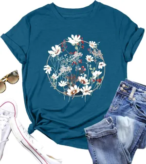 Vintage Flowers Shirt Women: Boho Floral T-Shirt Flower Graphic Shirt Wildflowers Tees Short Sleeve Casual Tops