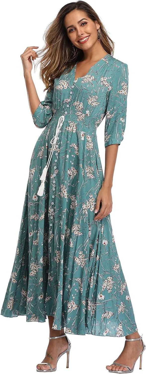 VintageClothing Women's Floral Maxi Dresses with Sleeves Flowy Boho Beach Dress