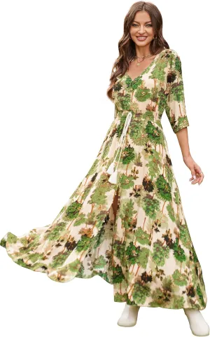 VintageClothing Women's Floral Maxi Dresses with Sleeves Flowy Boho Beach Dress