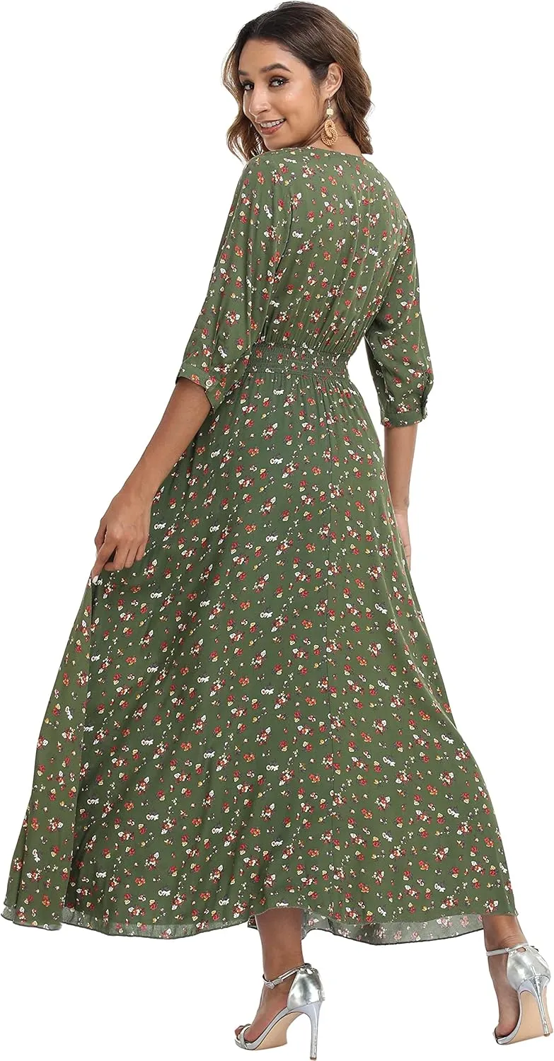 VintageClothing Women's Floral Maxi Dresses with Sleeves Flowy Boho Beach Dress
