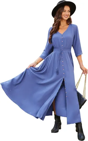 VintageClothing Women's Floral Maxi Dresses with Sleeves Flowy Boho Beach Dress