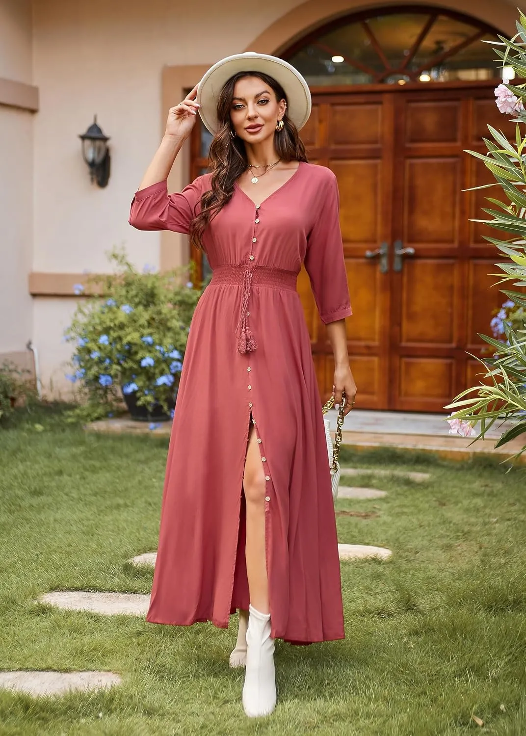 VintageClothing Women's Floral Maxi Dresses with Sleeves Flowy Boho Beach Dress