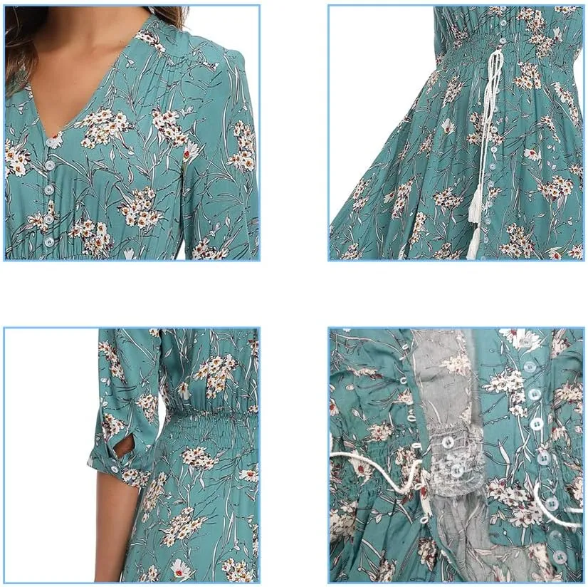 VintageClothing Women's Floral Maxi Dresses with Sleeves Flowy Boho Beach Dress