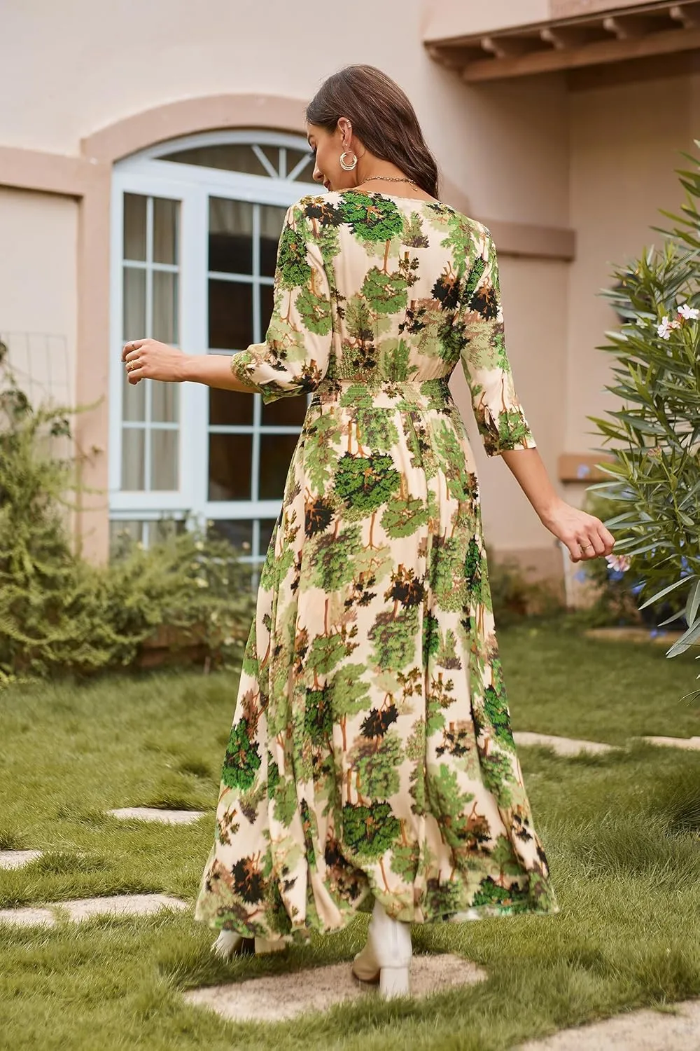 VintageClothing Women's Floral Maxi Dresses with Sleeves Flowy Boho Beach Dress