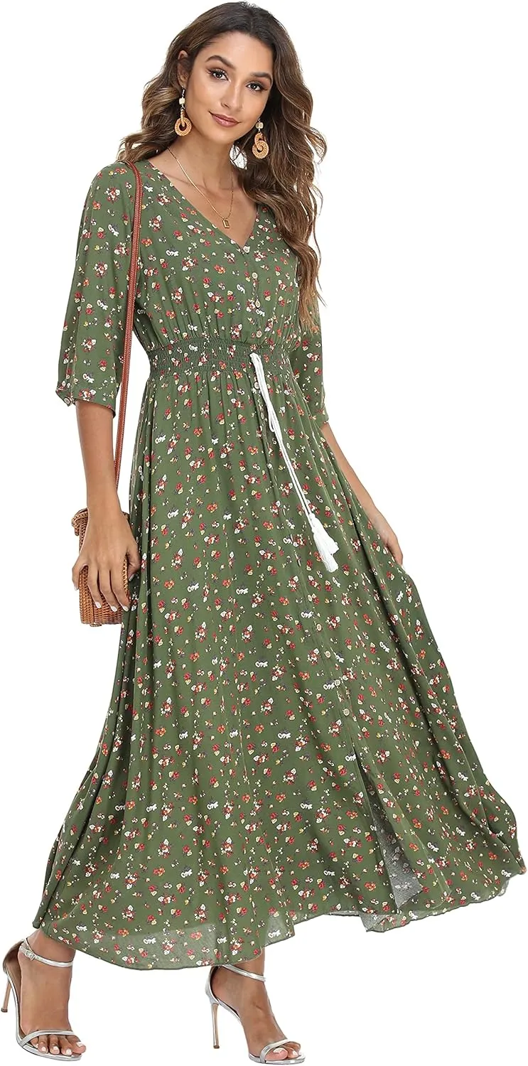VintageClothing Women's Floral Maxi Dresses with Sleeves Flowy Boho Beach Dress