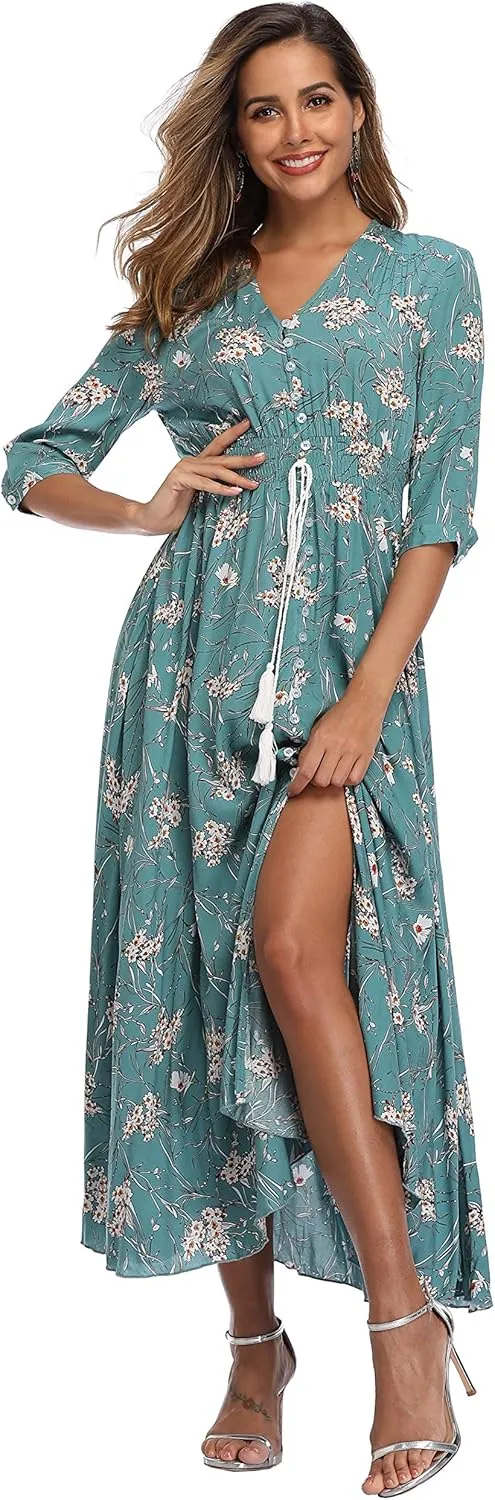 VintageClothing Women's Floral Maxi Dresses with Sleeves Flowy Boho Beach Dress